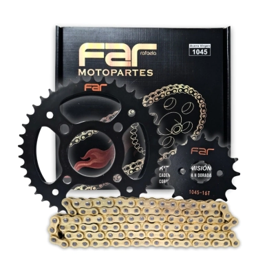 KIT TRANSMISION CG 150 43/16 NEGRO CON CADENA DORADA